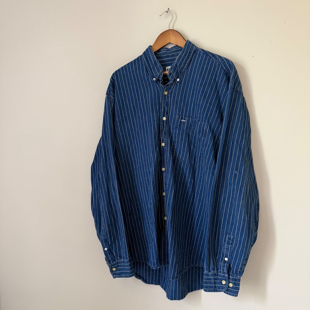 Vintage Cactus Clothing Blue Striped 100 % Cotton Denim Button Down Shirt XL